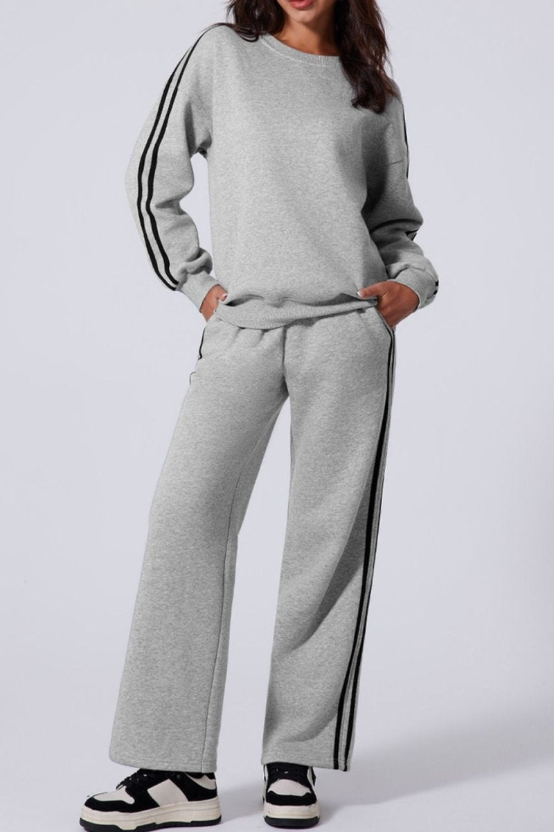 Side Striped Round Neck Top and Pants Active Set - S. M. & Co.