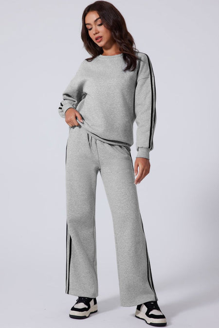 Side Striped Round Neck Top and Pants Active Set - S. M. & Co.