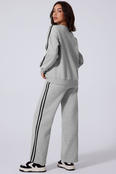 Side Striped Round Neck Top and Pants Active Set - S. M. & Co.