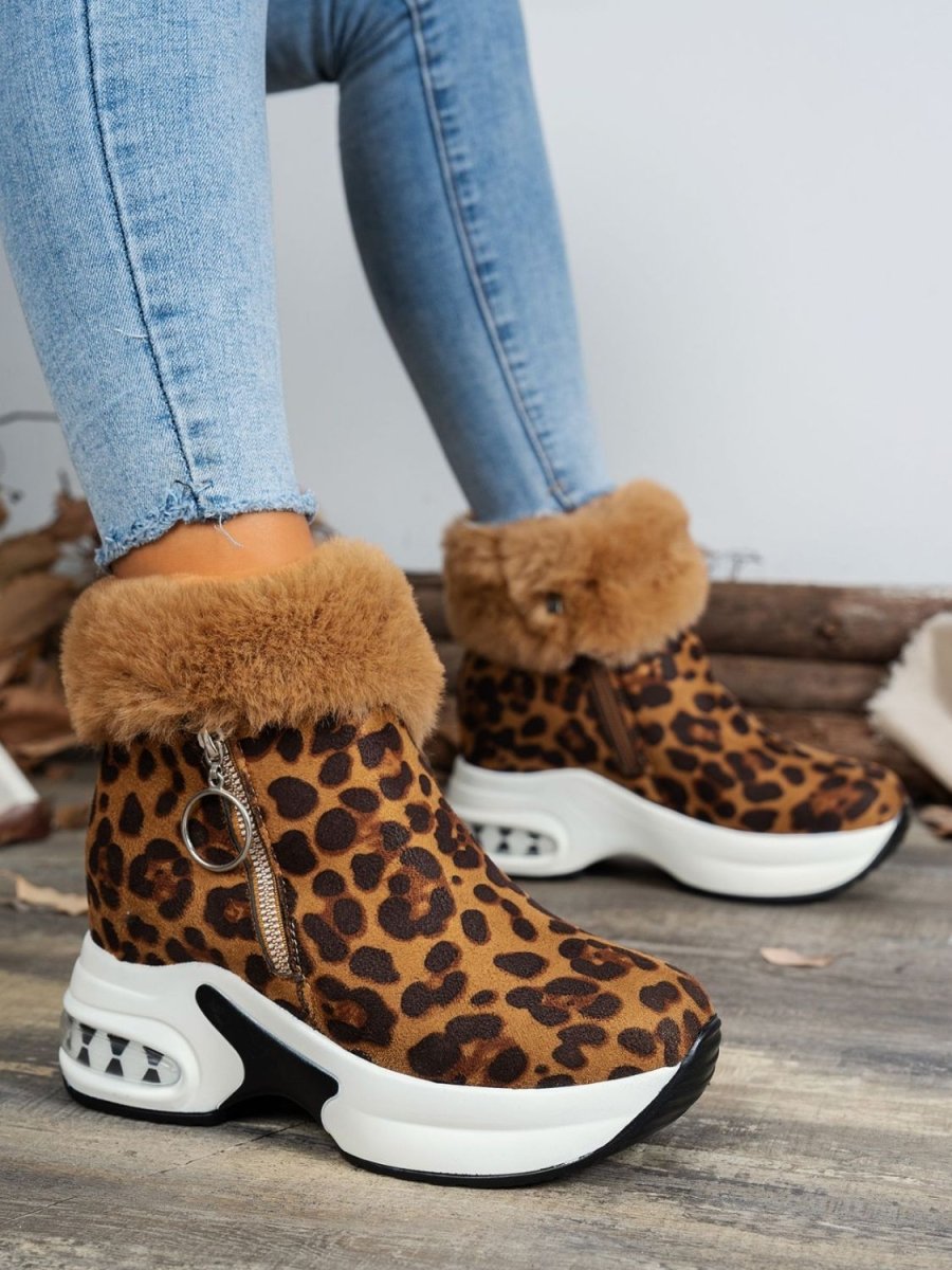 Side Zipper Leopard Platform Boots - S. M. & Co.