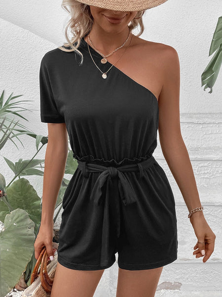 Single Shoulder Tie Waist Romper - S. M. & Co. Rompers