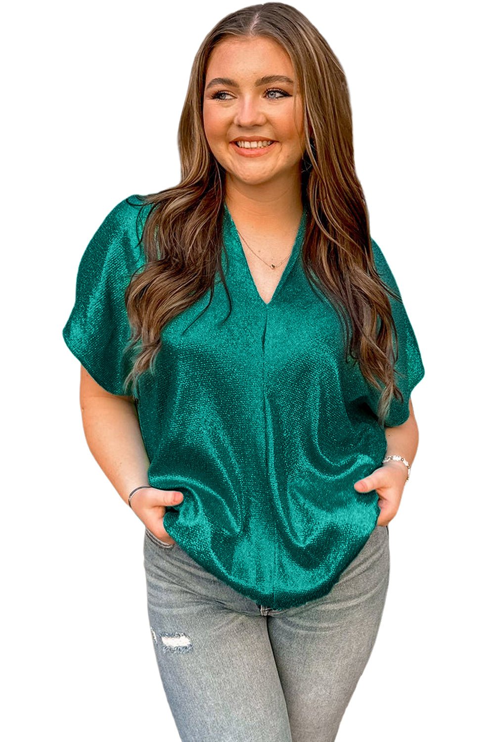 Skobeloff Metallic Look V Neck Plus Size Tee - S. M. & Co. Shirts & Tops