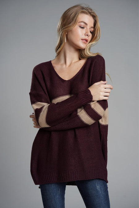 Slit Contrast V - Neck Long Sleeve Sweater - S. M. & Co.