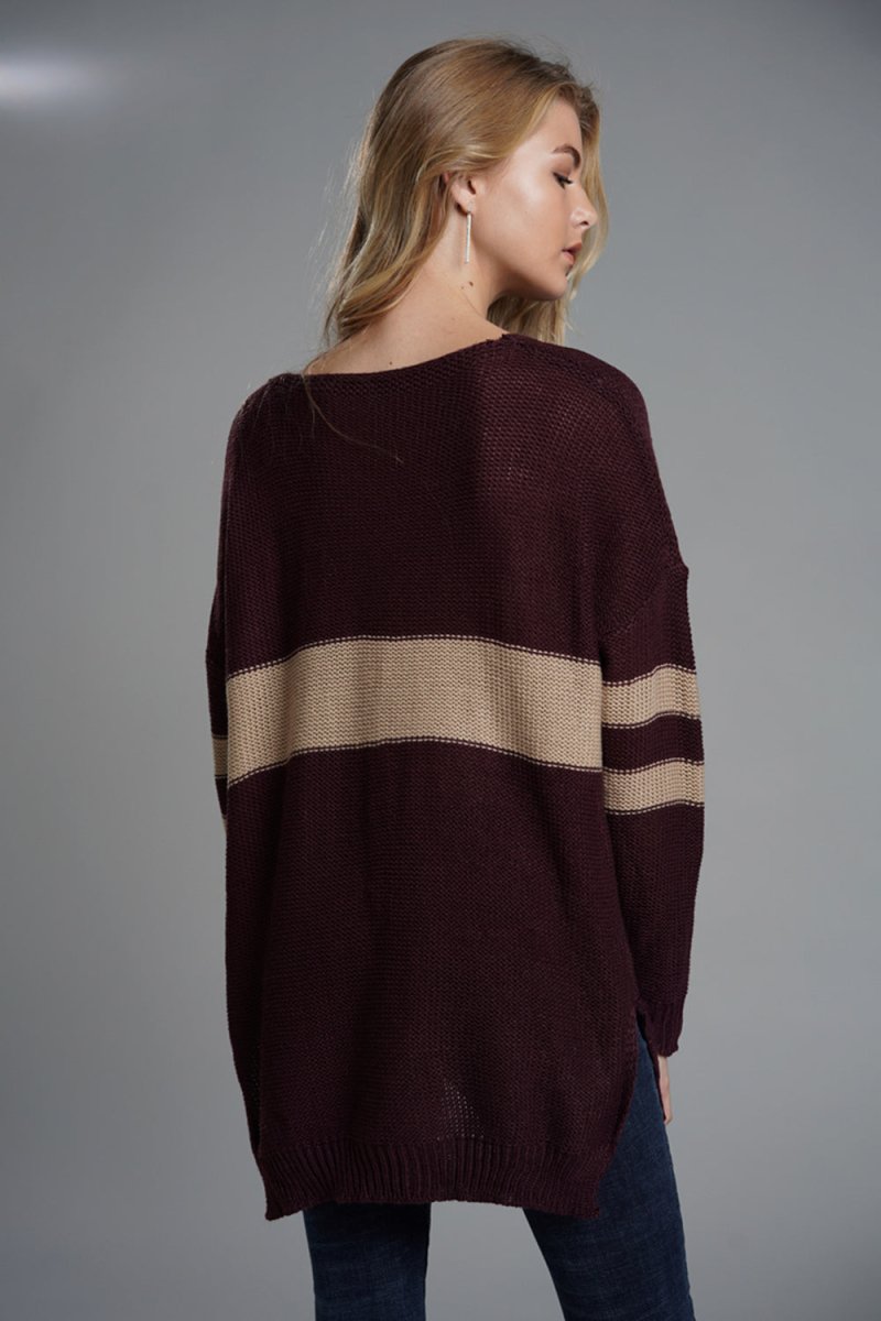 Slit Contrast V - Neck Long Sleeve Sweater - S. M. & Co.