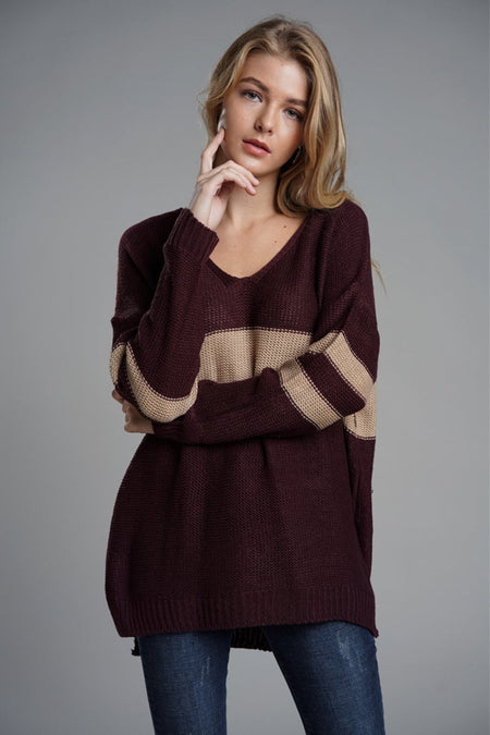 Slit Contrast V - Neck Long Sleeve Sweater - S. M. & Co.