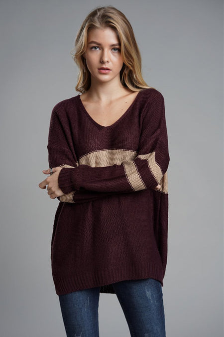 Slit Contrast V - Neck Long Sleeve Sweater - S. M. & Co.