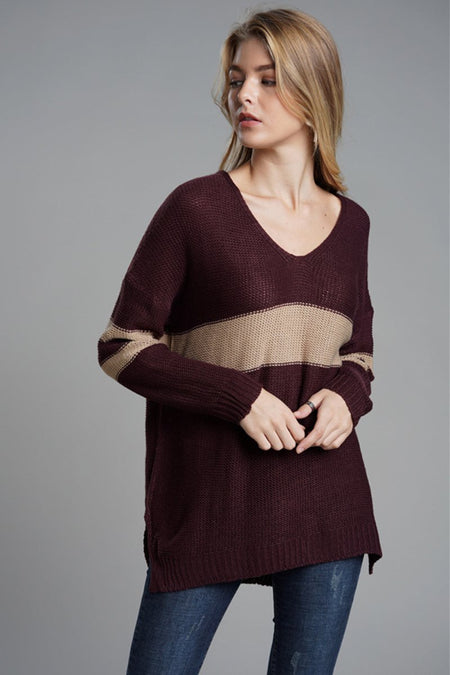 Slit Contrast V - Neck Long Sleeve Sweater - S. M. & Co.