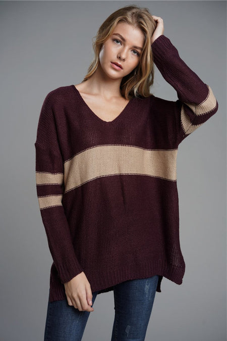 Slit Contrast V - Neck Long Sleeve Sweater - S. M. & Co.