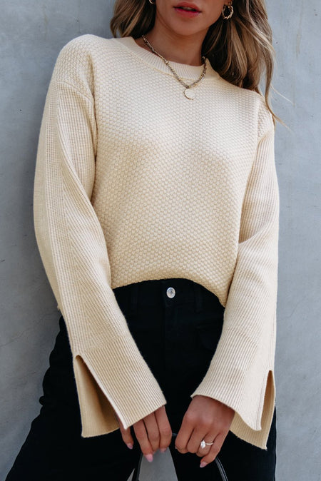 Slit Cuff Round Neck Long Sleeve Sweater - S. M. & Co.