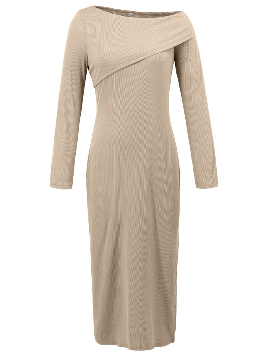 Slit One Shoulder Long Sleeve Dress - S. M. & Co.