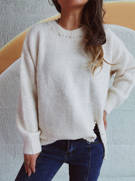 Slit Pearl Trim Round Neck Long Sleeve Sweater - S. M. & Co.