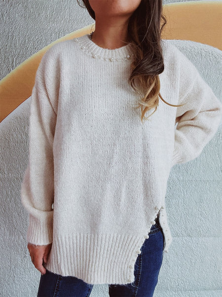 Slit Pearl Trim Round Neck Long Sleeve Sweater - S. M. & Co.