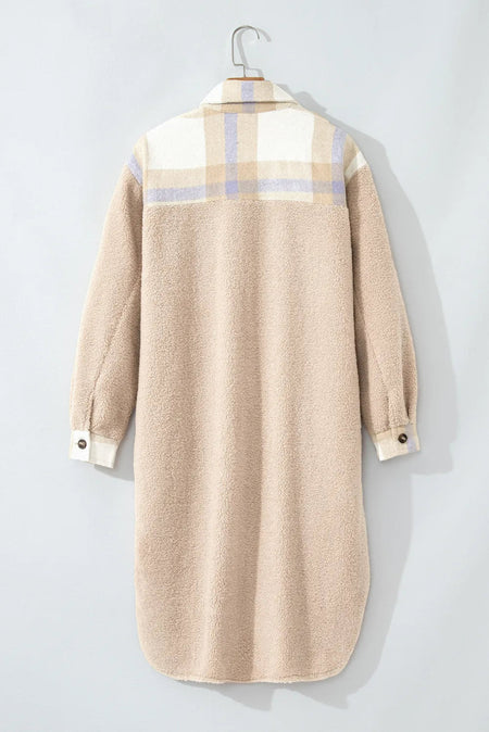 Slit Plaid Button Down Long Sleeve Coat - S. M. & Co.