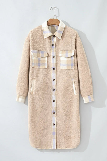 Slit Plaid Button Down Long Sleeve Coat - S. M. & Co.