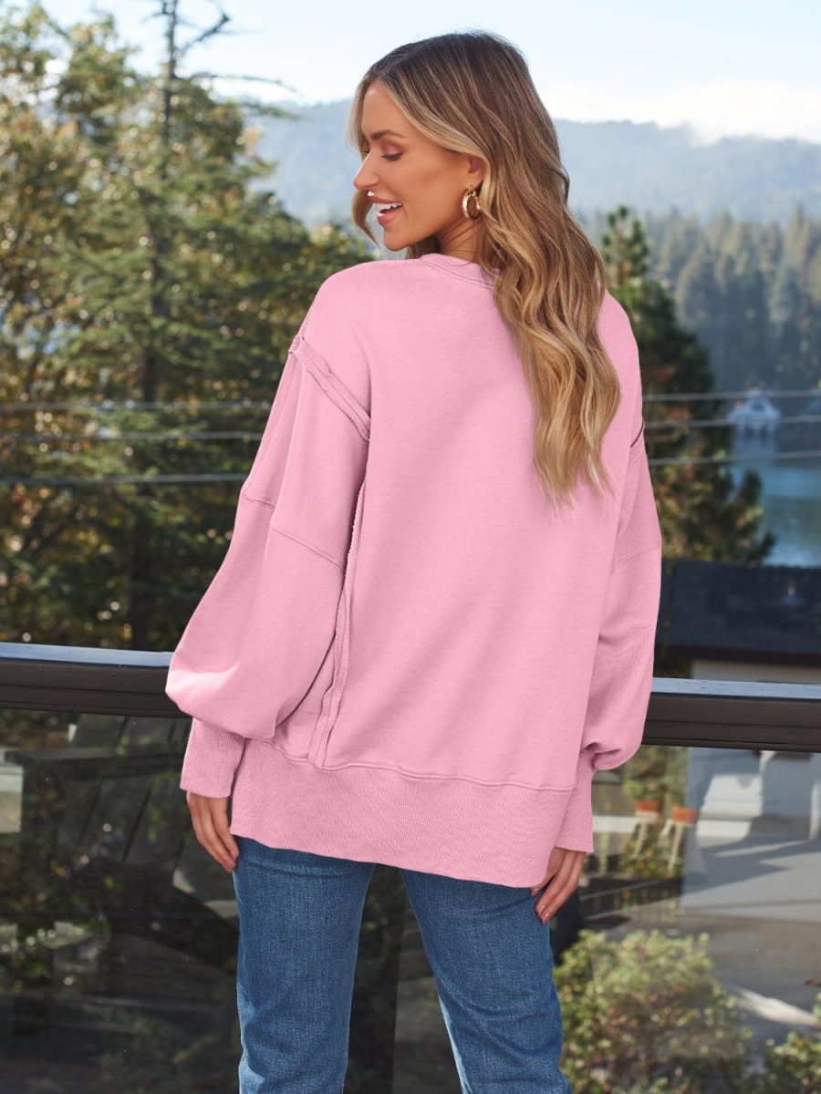 Slit Round Neck Long Sleeve Sweatshirt - S. M. & Co.