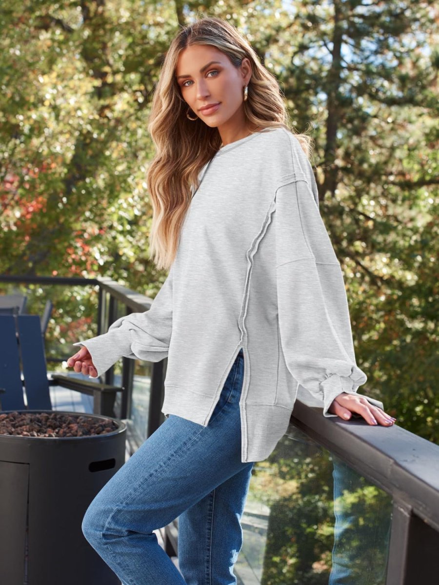 Slit Round Neck Long Sleeve Sweatshirt - S. M. & Co.