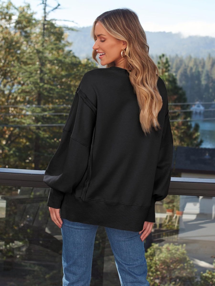 Slit Round Neck Long Sleeve Sweatshirt - S. M. & Co.