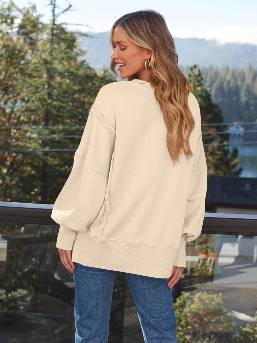 Slit Round Neck Long Sleeve Sweatshirt - S. M. & Co.