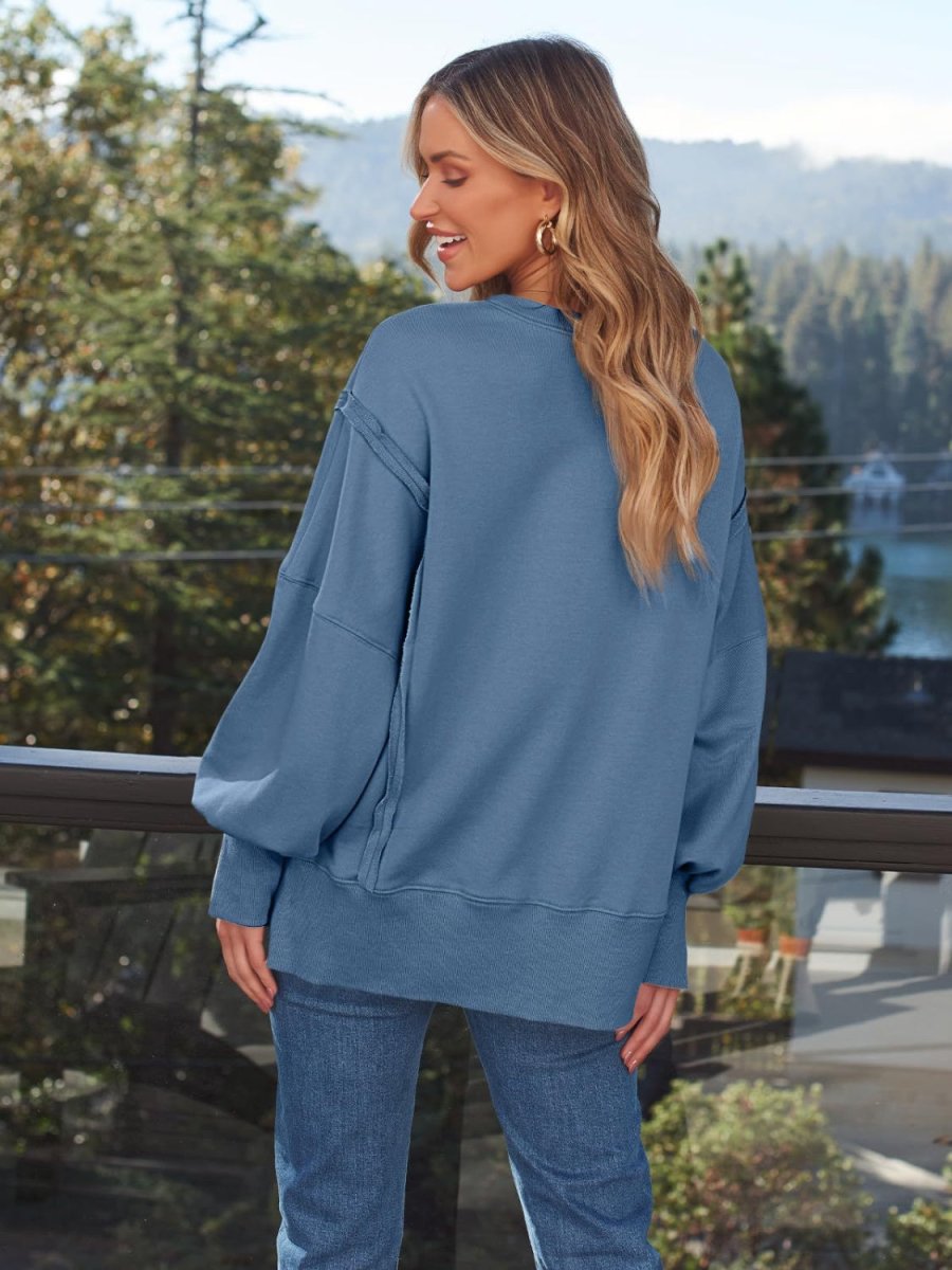 Slit Round Neck Long Sleeve Sweatshirt - S. M. & Co.