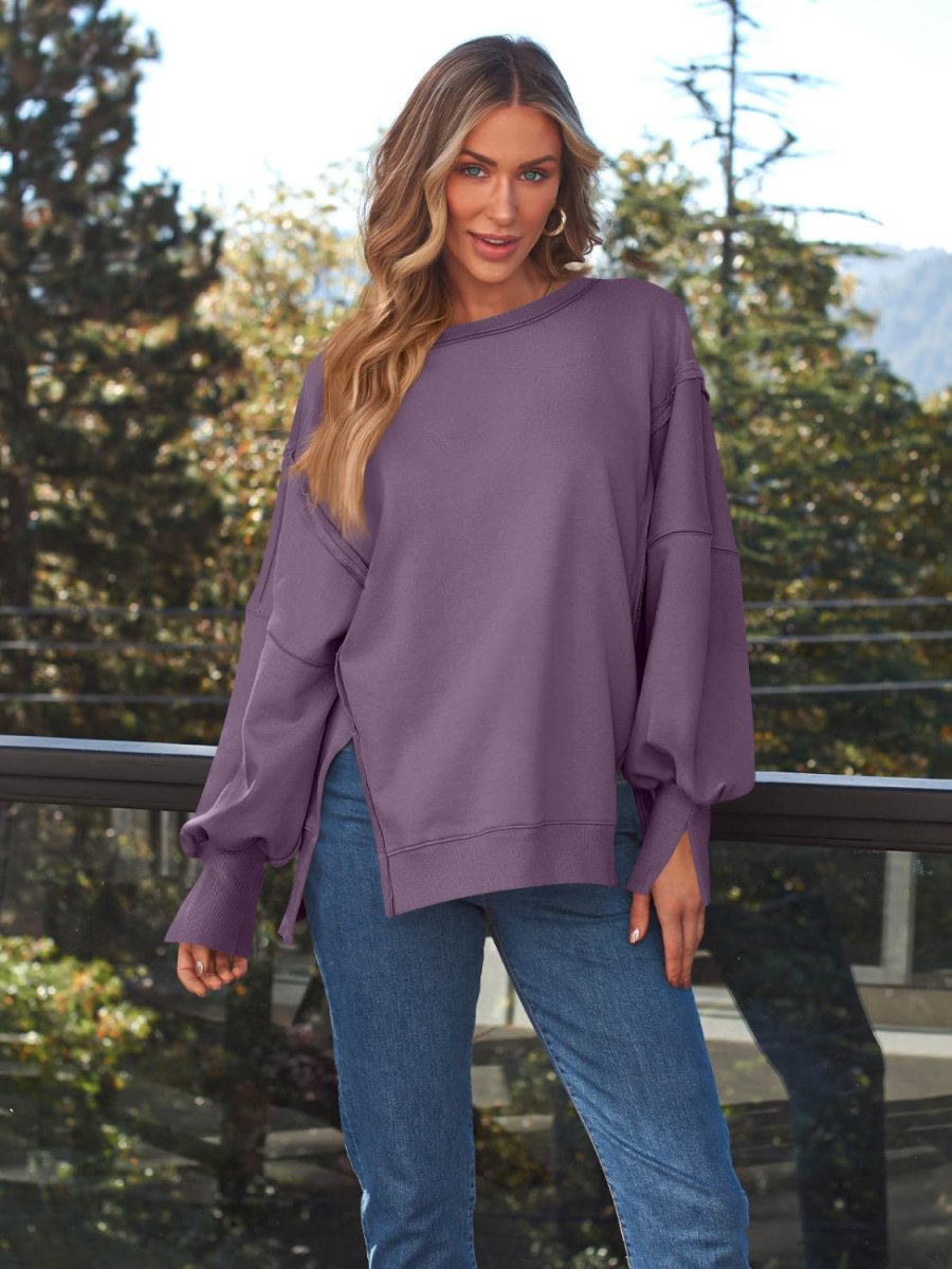 Slit Round Neck Long Sleeve Sweatshirt - S. M. & Co.