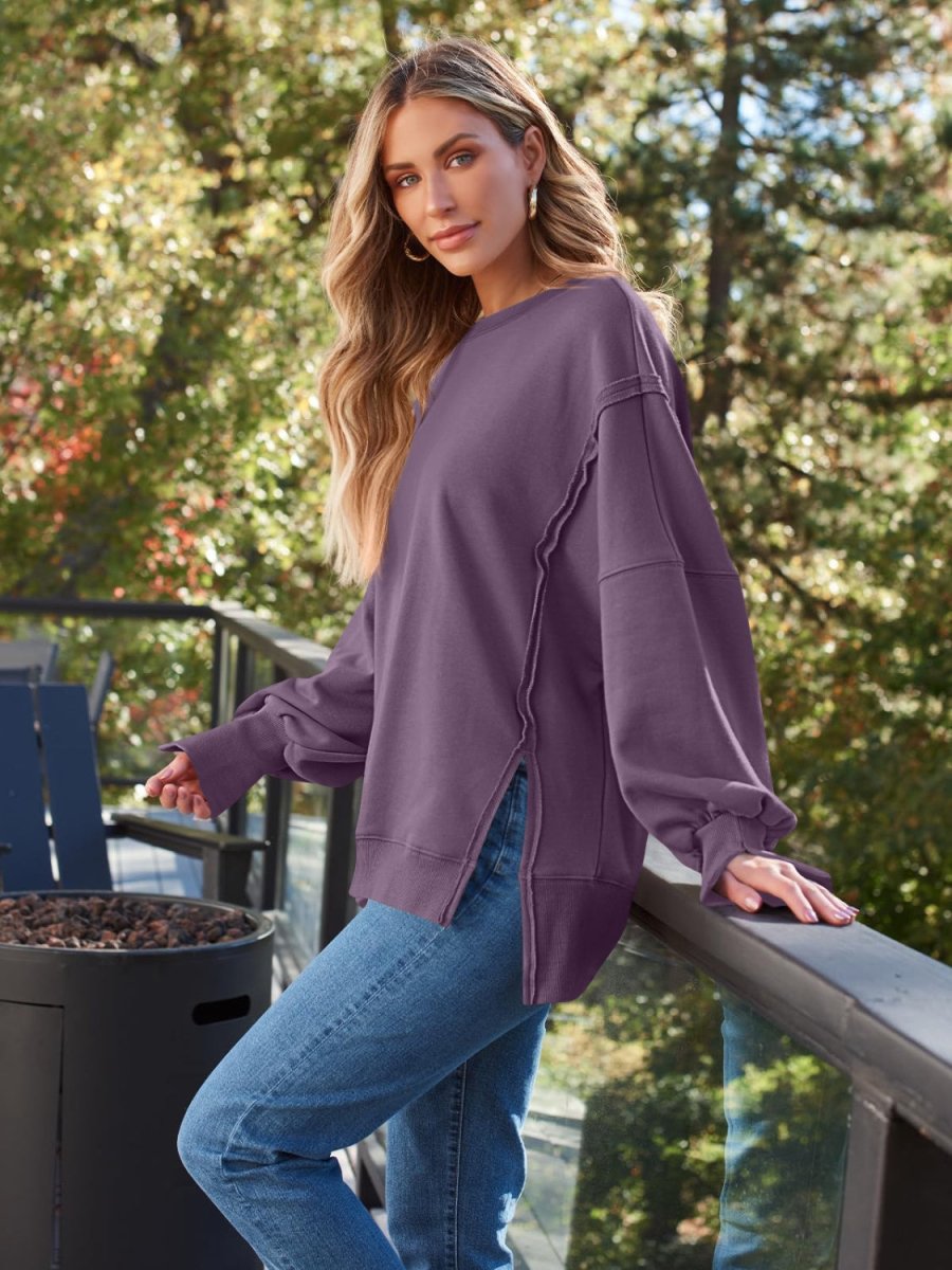 Slit Round Neck Long Sleeve Sweatshirt - S. M. & Co.