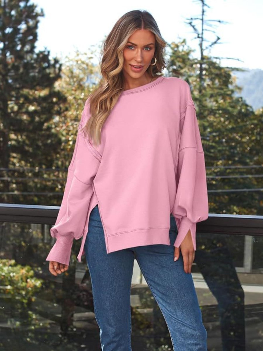 Slit Round Neck Long Sleeve Sweatshirt - S. M. & Co.