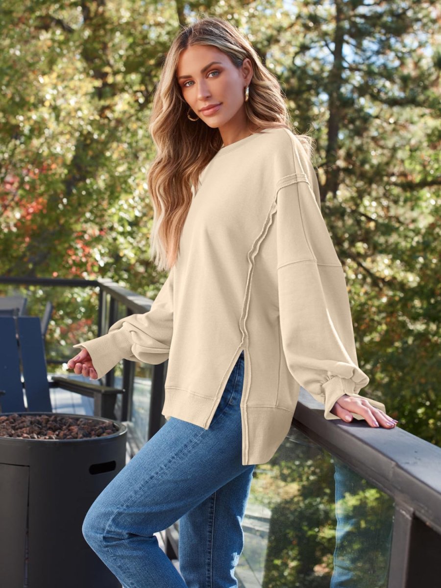 Slit Round Neck Long Sleeve Sweatshirt - S. M. & Co.