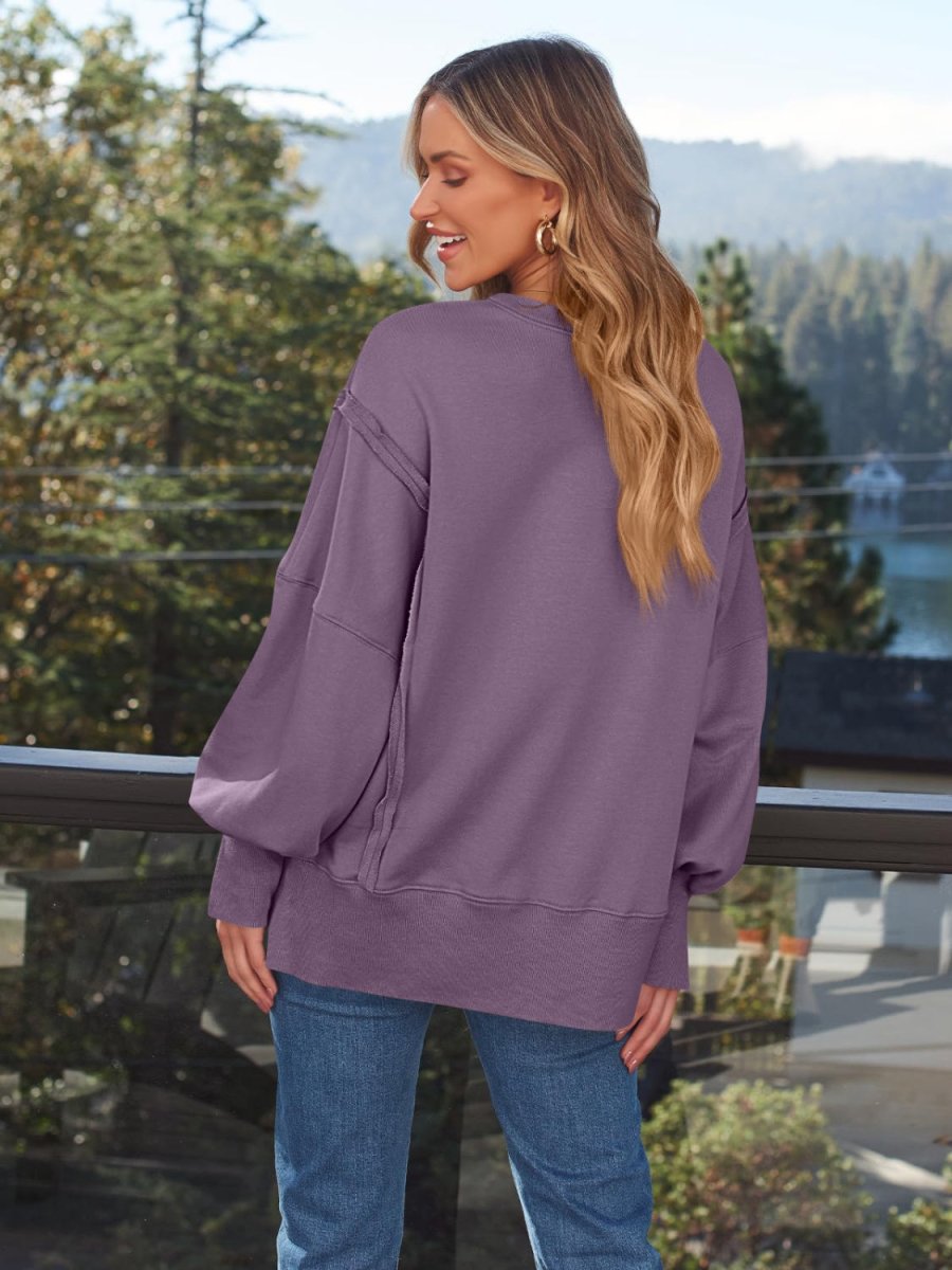 Slit Round Neck Long Sleeve Sweatshirt - S. M. & Co.