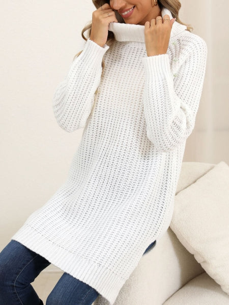 Slit Turtleneck Long Sleeve Sweater - S. M. & Co.