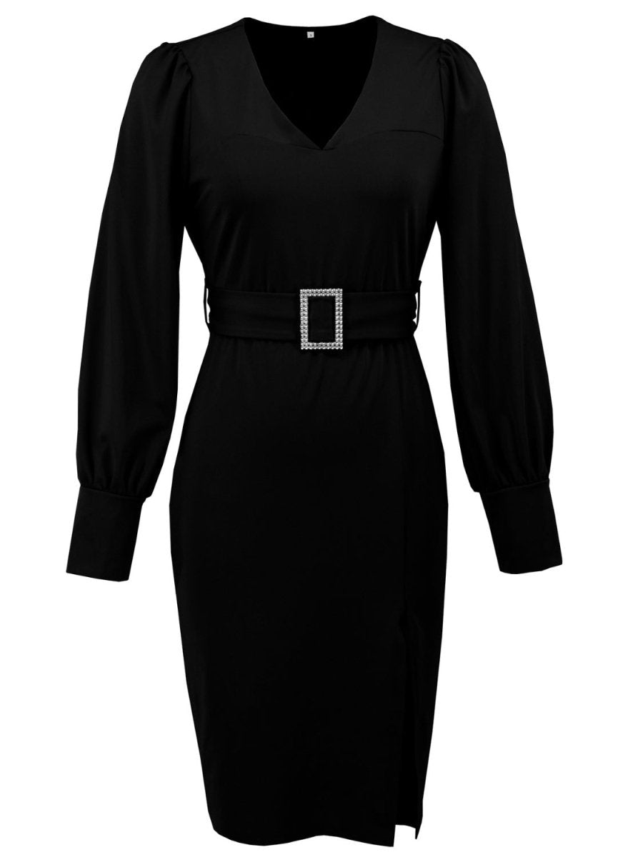 Slit V - Neck Long Sleeve Knee Length Dress - S. M. & Co.