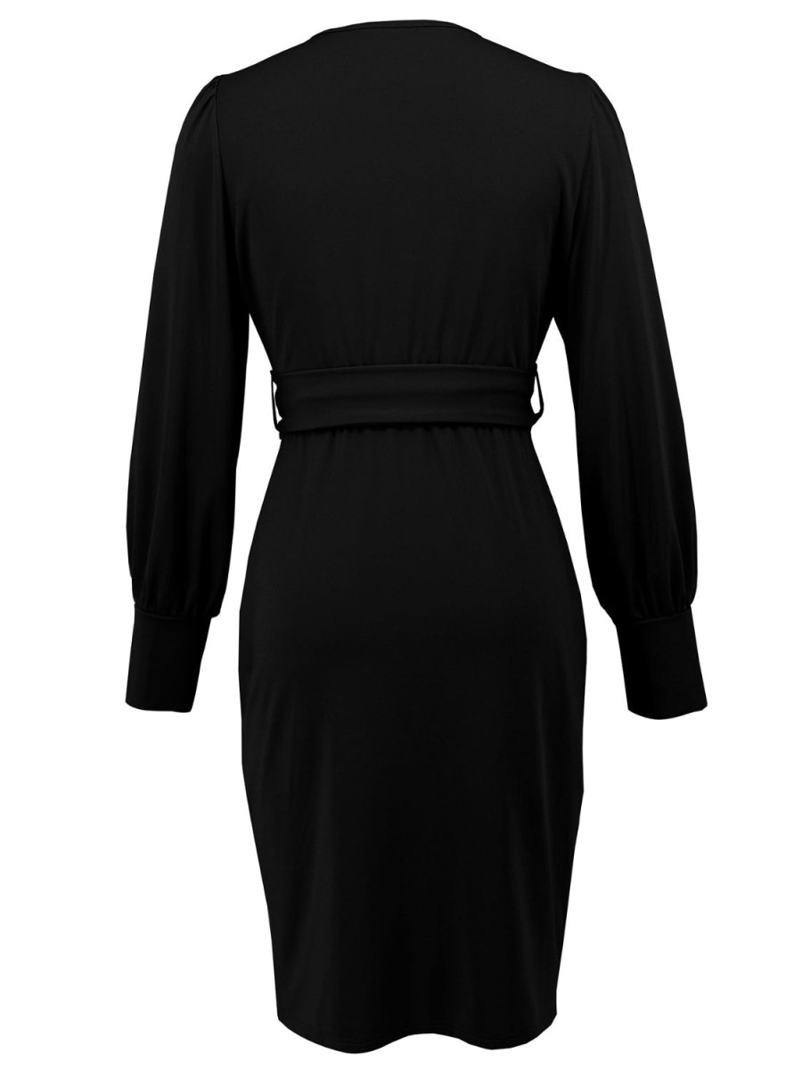 Slit V - Neck Long Sleeve Knee Length Dress - S. M. & Co.