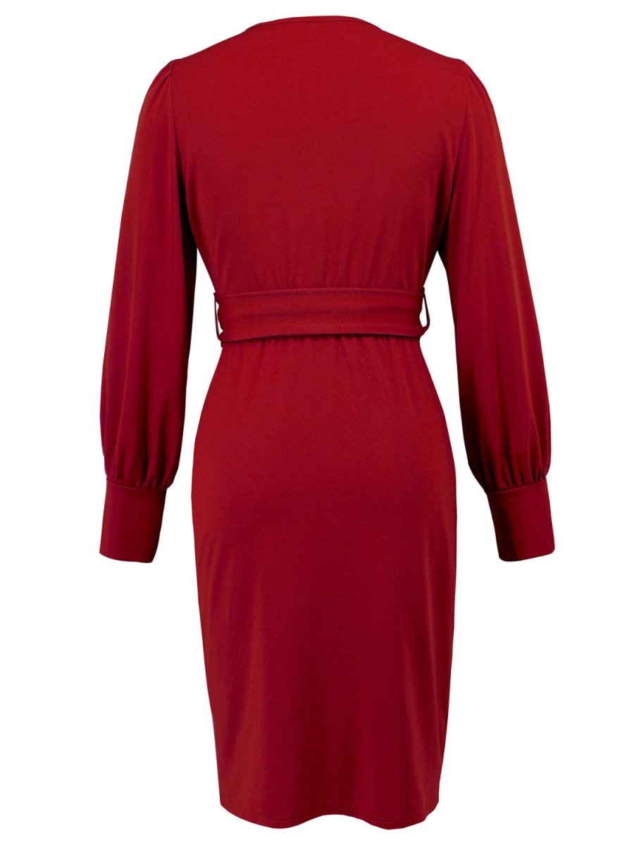 Slit V - Neck Long Sleeve Knee Length Dress - S. M. & Co.