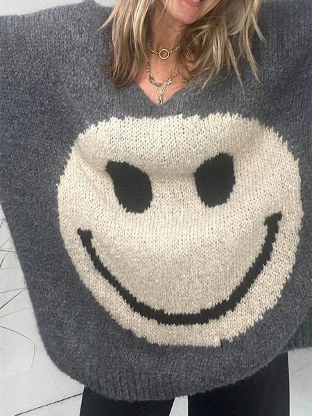 Smiling Face V-Neck Long Sleeve Sweater - S. M. & Co.