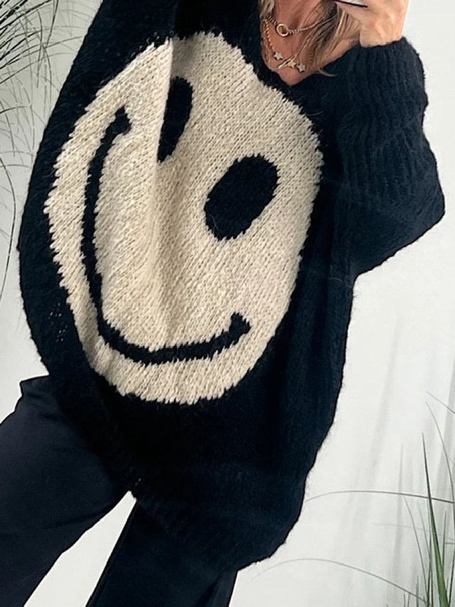 Smiling Face V-Neck Long Sleeve Sweater - S. M. & Co.