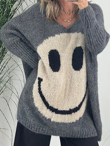 Smiling Face V-Neck Long Sleeve Sweater - S. M. & Co.