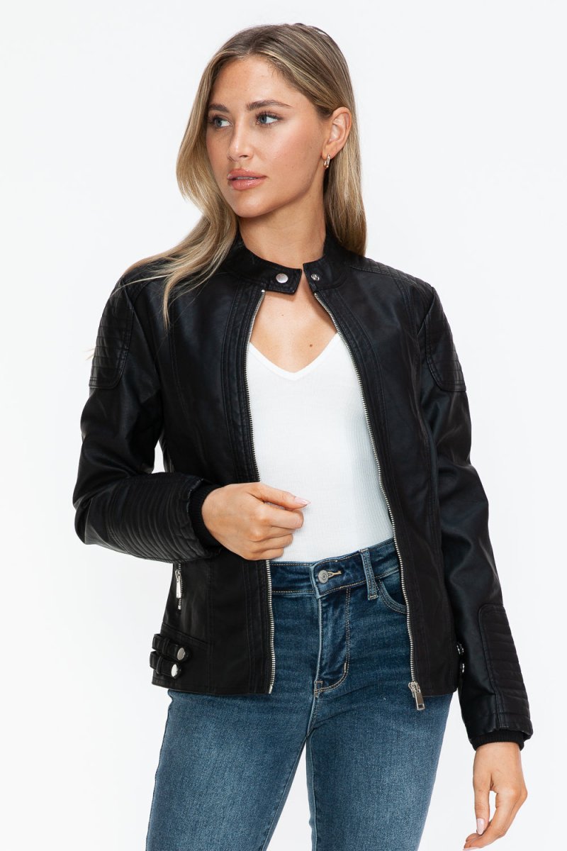 Snobbish Faux Leather Biker Jacket with Side Zip Pockets - S. M. & Co.