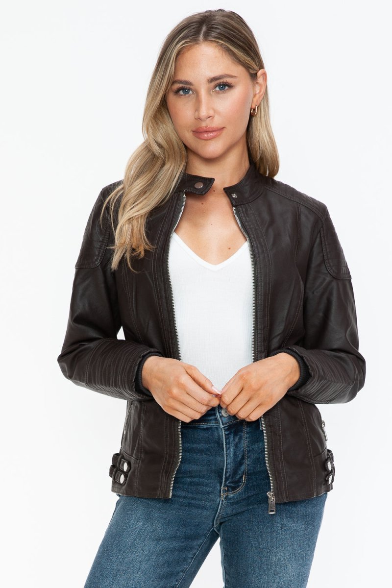 Snobbish Faux Leather Biker Jacket with Side Zip Pockets - S. M. & Co.