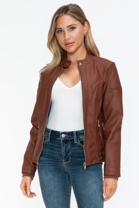 Snobbish Faux Leather Biker Jacket with Side Zip Pockets - S. M. & Co.