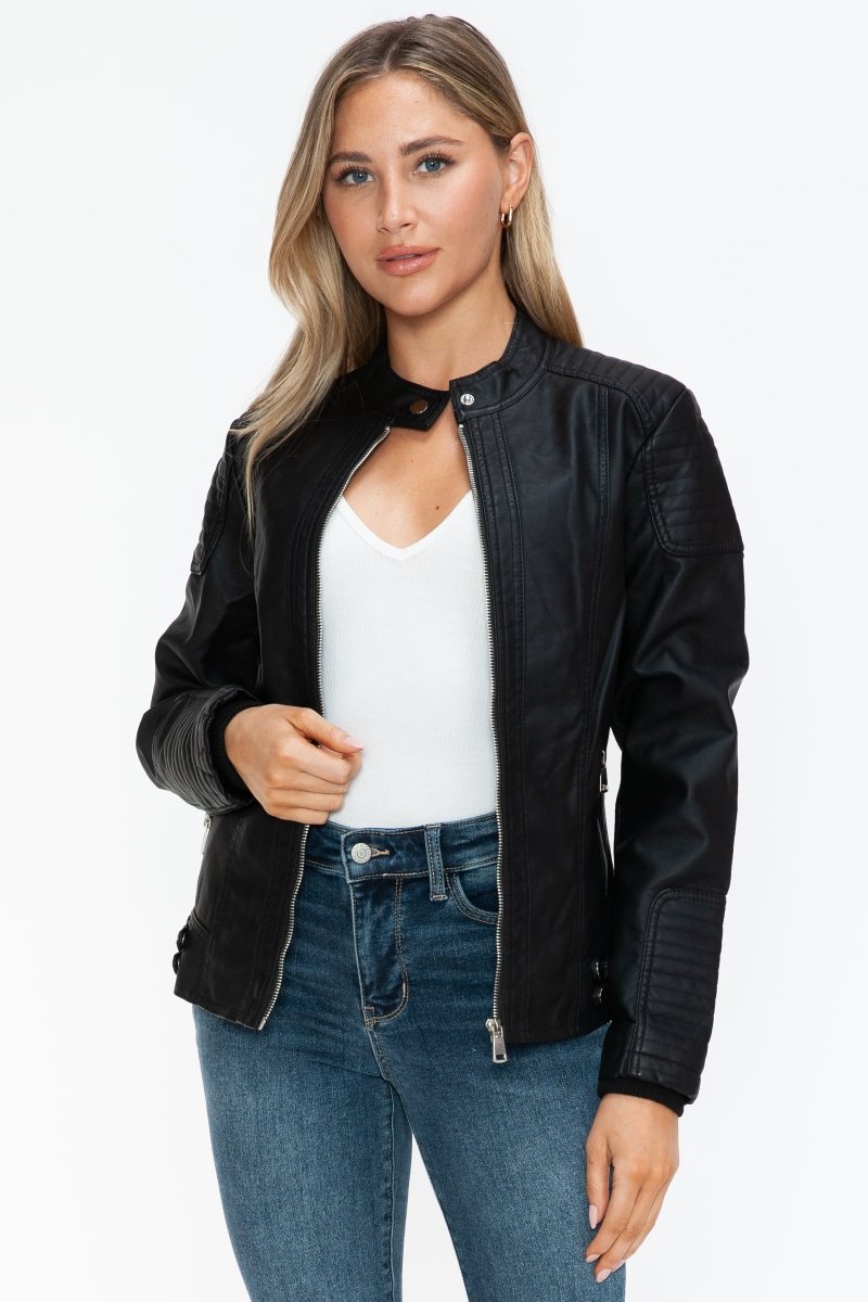 Snobbish Faux Leather Biker Jacket with Side Zip Pockets - S. M. & Co.