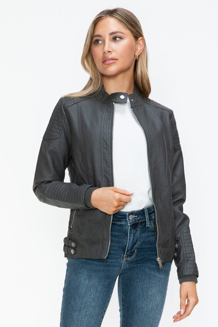 Snobbish Faux Leather Biker Jacket with Side Zip Pockets - S. M. & Co.