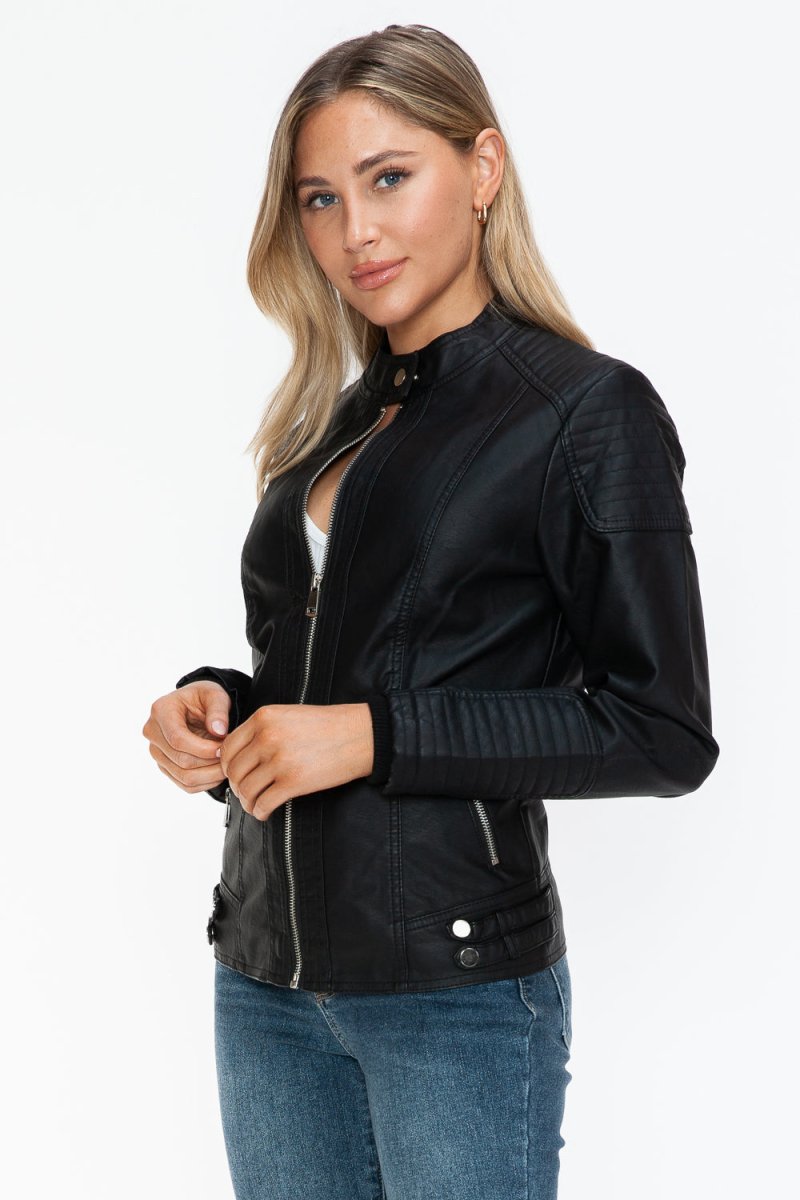 Snobbish Faux Leather Biker Jacket with Side Zip Pockets - S. M. & Co.