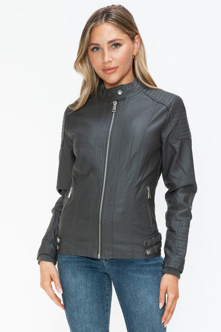 Snobbish Faux Leather Biker Jacket with Side Zip Pockets - S. M. & Co.