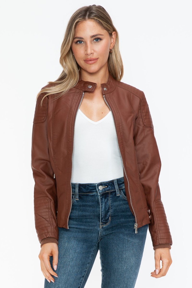 Snobbish Faux Leather Biker Jacket with Side Zip Pockets - S. M. & Co.