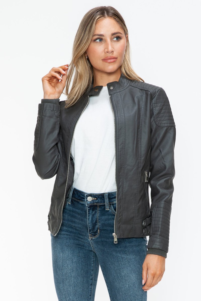 Snobbish Faux Leather Biker Jacket with Side Zip Pockets - S. M. & Co.