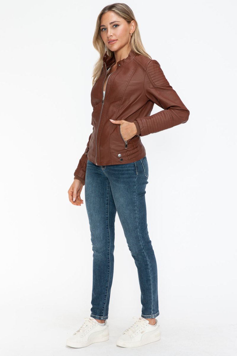 Snobbish Faux Leather Biker Jacket with Side Zip Pockets - S. M. & Co.