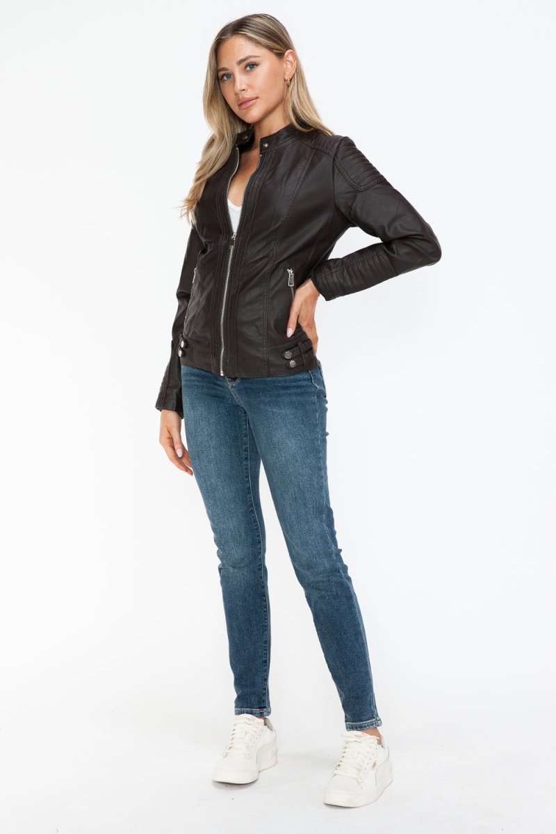 Snobbish Faux Leather Biker Jacket with Side Zip Pockets - S. M. & Co.