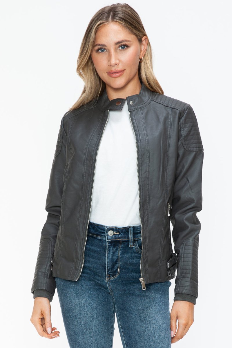 Snobbish Faux Leather Biker Jacket with Side Zip Pockets - S. M. & Co.