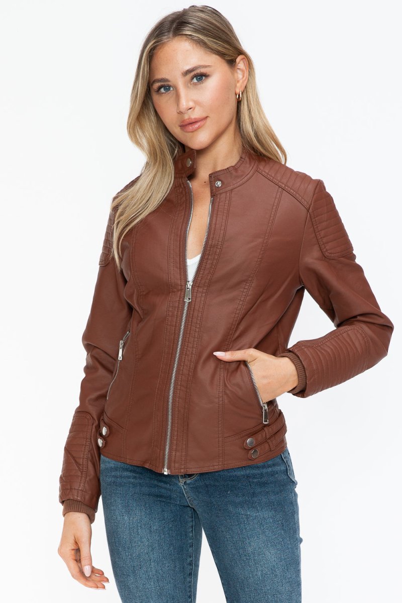 Snobbish Faux Leather Biker Jacket with Side Zip Pockets - S. M. & Co.