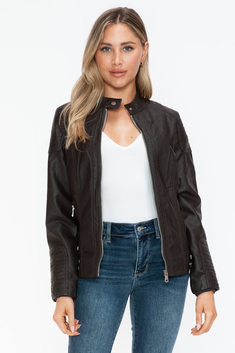 Snobbish Faux Leather Biker Jacket with Side Zip Pockets - S. M. & Co.