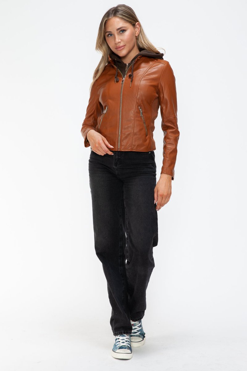 Snobbish Faux Leather Zip Up Drawstring Hooded Jacket - S. M. & Co.